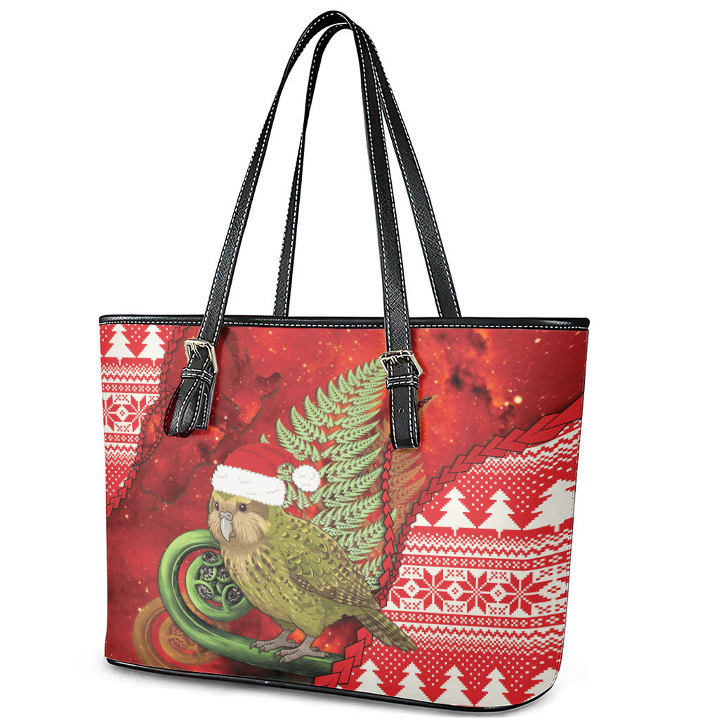 New Zealand Kakapo Christmas In July Leather Tote Bag Silver Fern Santa Xmas Red Color