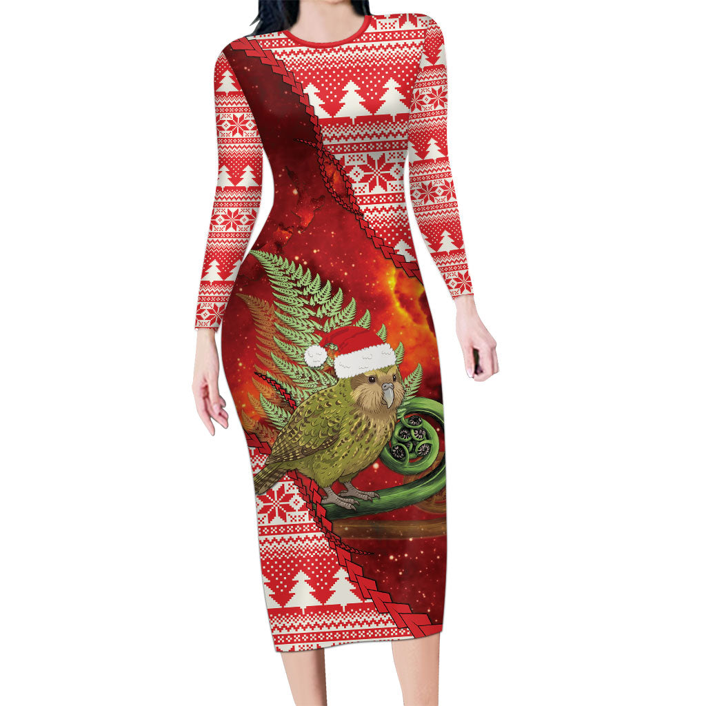 New Zealand Kakapo Christmas In July Long Sleeve Bodycon Dress Silver Fern Santa Xmas Red Color LT22 Long Dress Red - Polynesian Pride