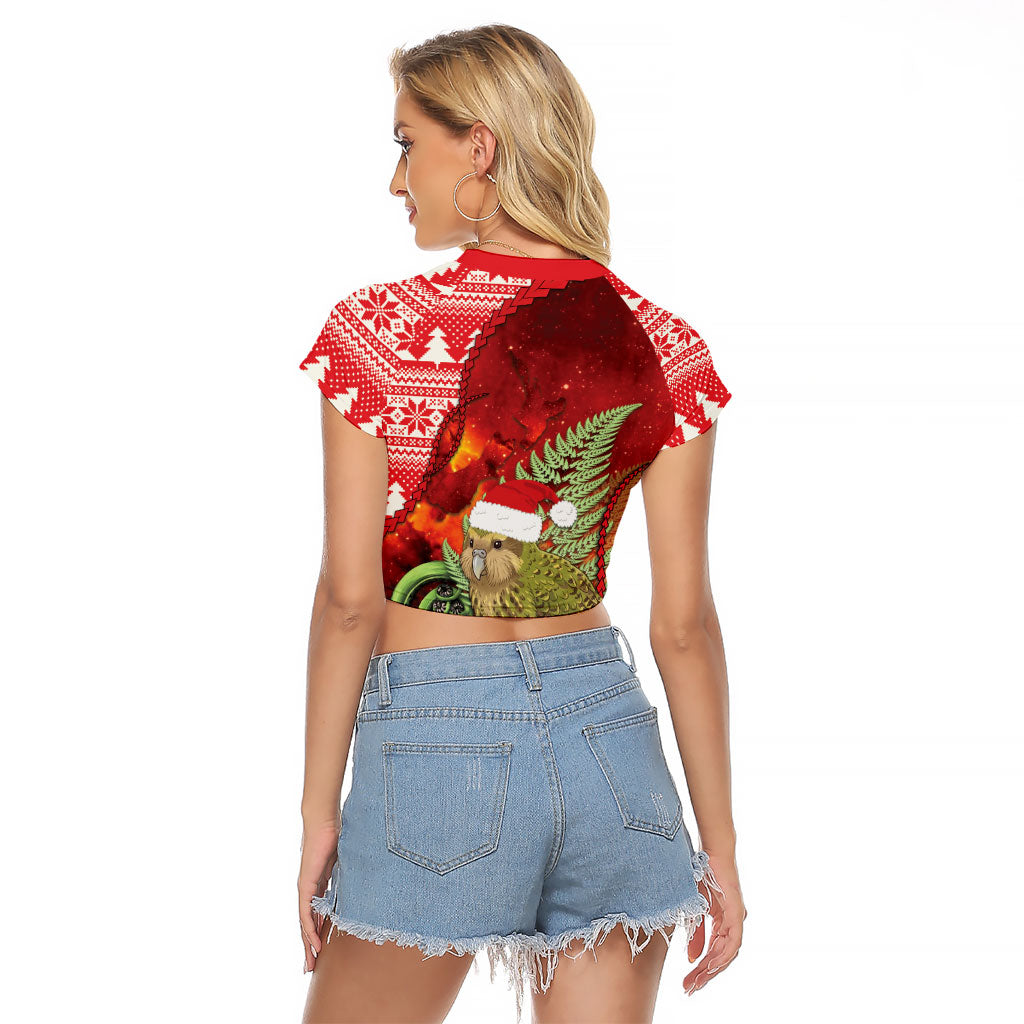 New Zealand Kakapo Christmas In July Raglan Cropped T Shirt Silver Fern Santa Xmas Red Color