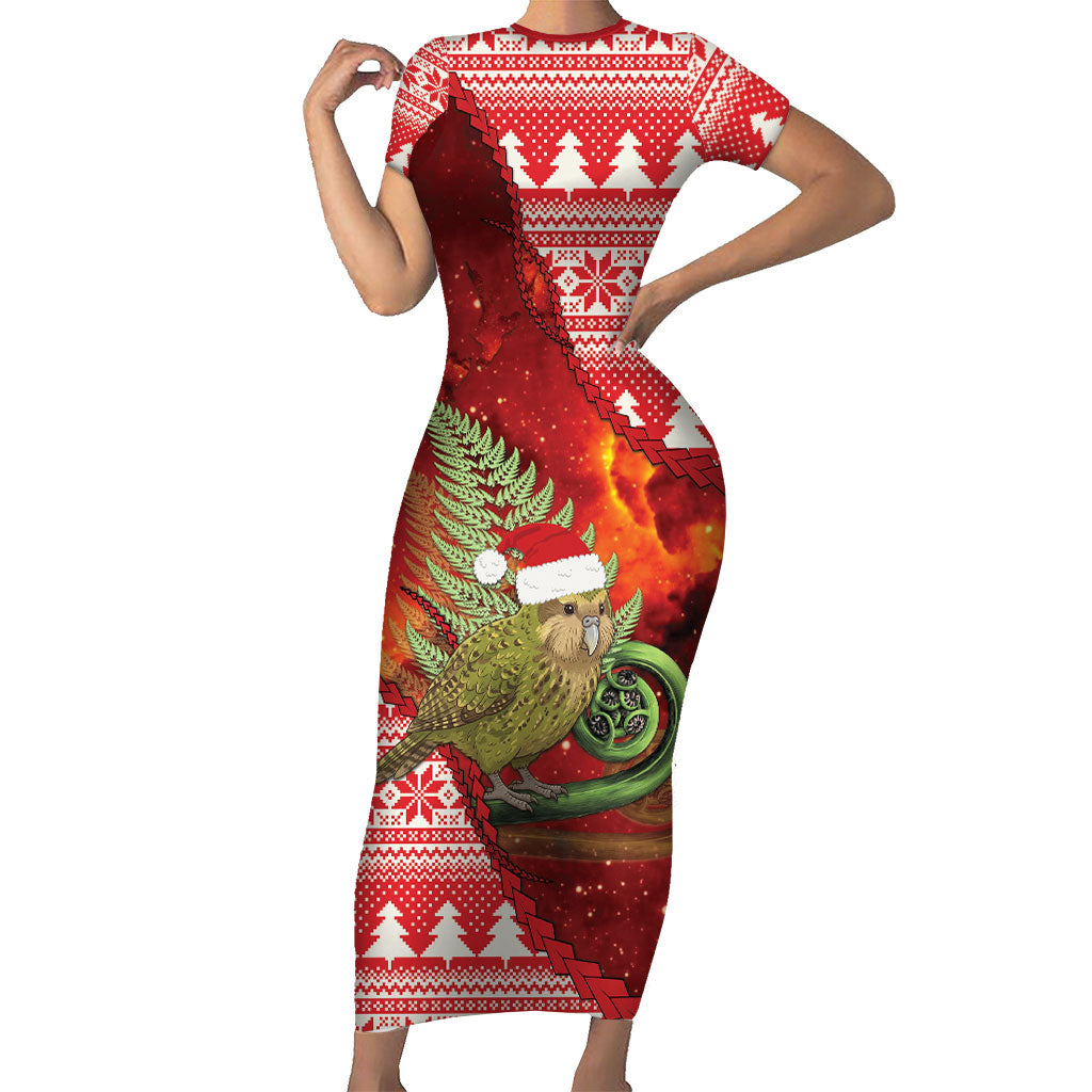 New Zealand Kakapo Christmas In July Short Sleeve Bodycon Dress Silver Fern Santa Xmas Red Color LT22 Long Dress Red - Polynesian Pride