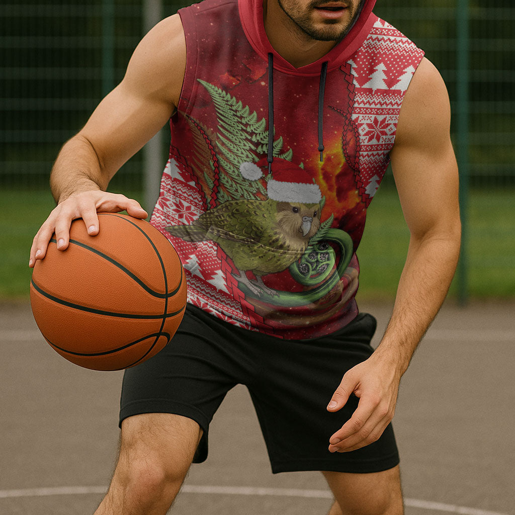 New Zealand Kakapo Christmas In July Sleeveless Hoodie Silver Fern Santa Xmas Red Color
