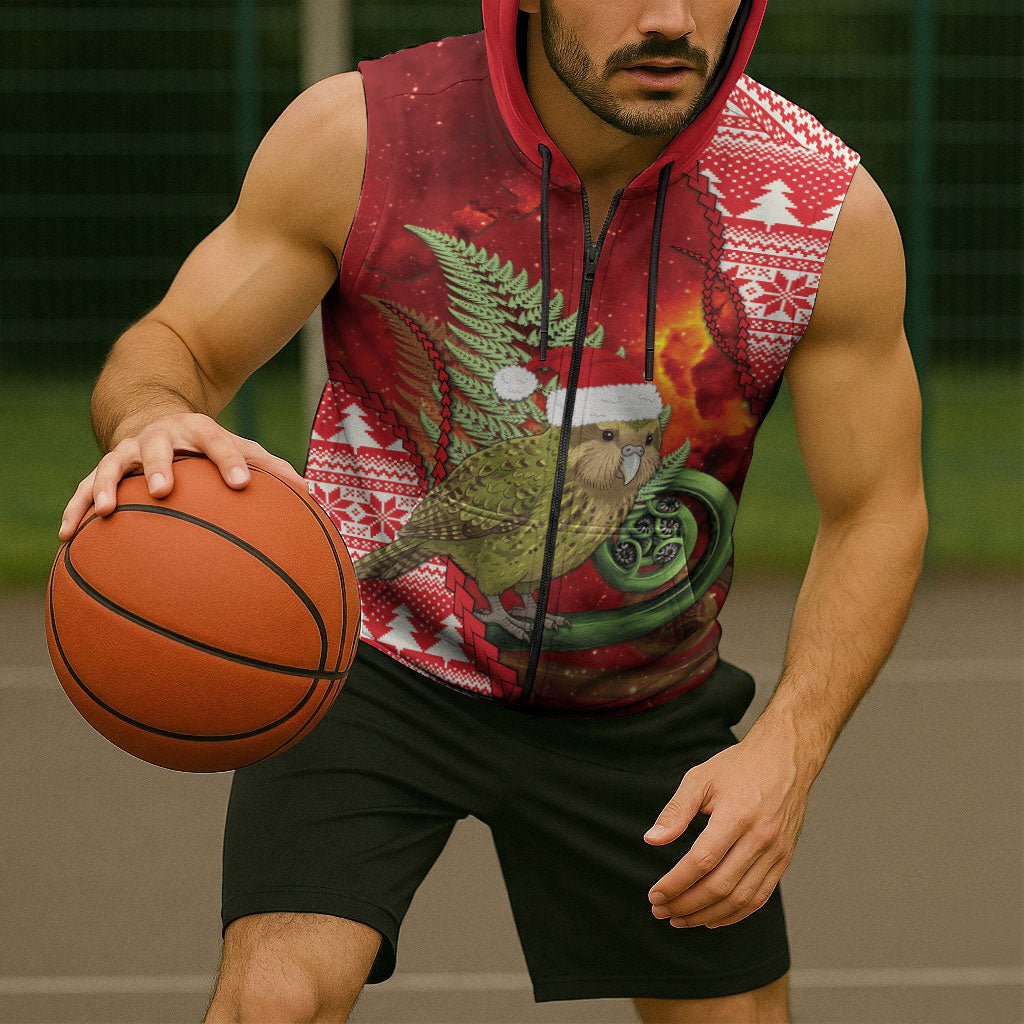 New Zealand Kakapo Christmas In July Sleeveless Zip Hoodie Silver Fern Santa Xmas Red Color