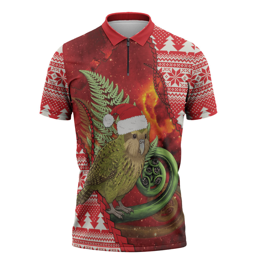 New Zealand Kakapo Christmas In July Zipper Polo Shirt Silver Fern Santa Xmas Red Color LT22 Red - Polynesian Pride