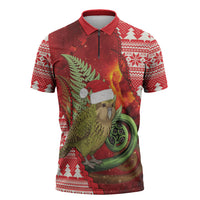 New Zealand Kakapo Christmas In July Zipper Polo Shirt Silver Fern Santa Xmas Red Color