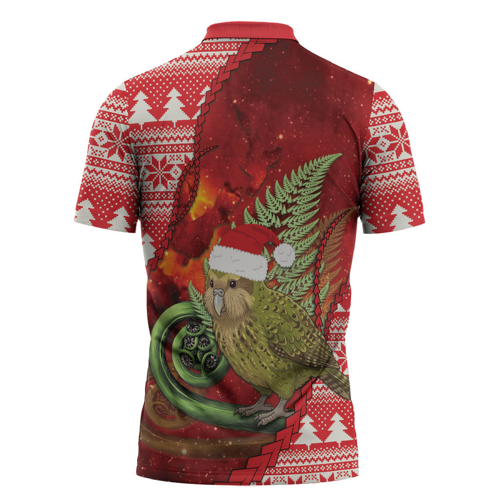 New Zealand Kakapo Christmas In July Zipper Polo Shirt Silver Fern Santa Xmas Red Color