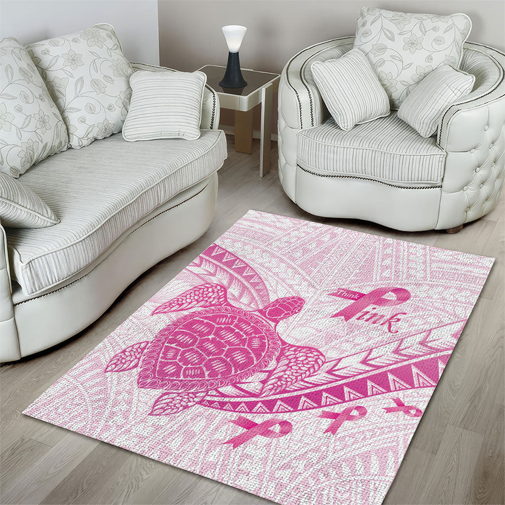 Breast Cancer Awareness Area Rug Pink Ribbon Turtle Polynesian Pattern White