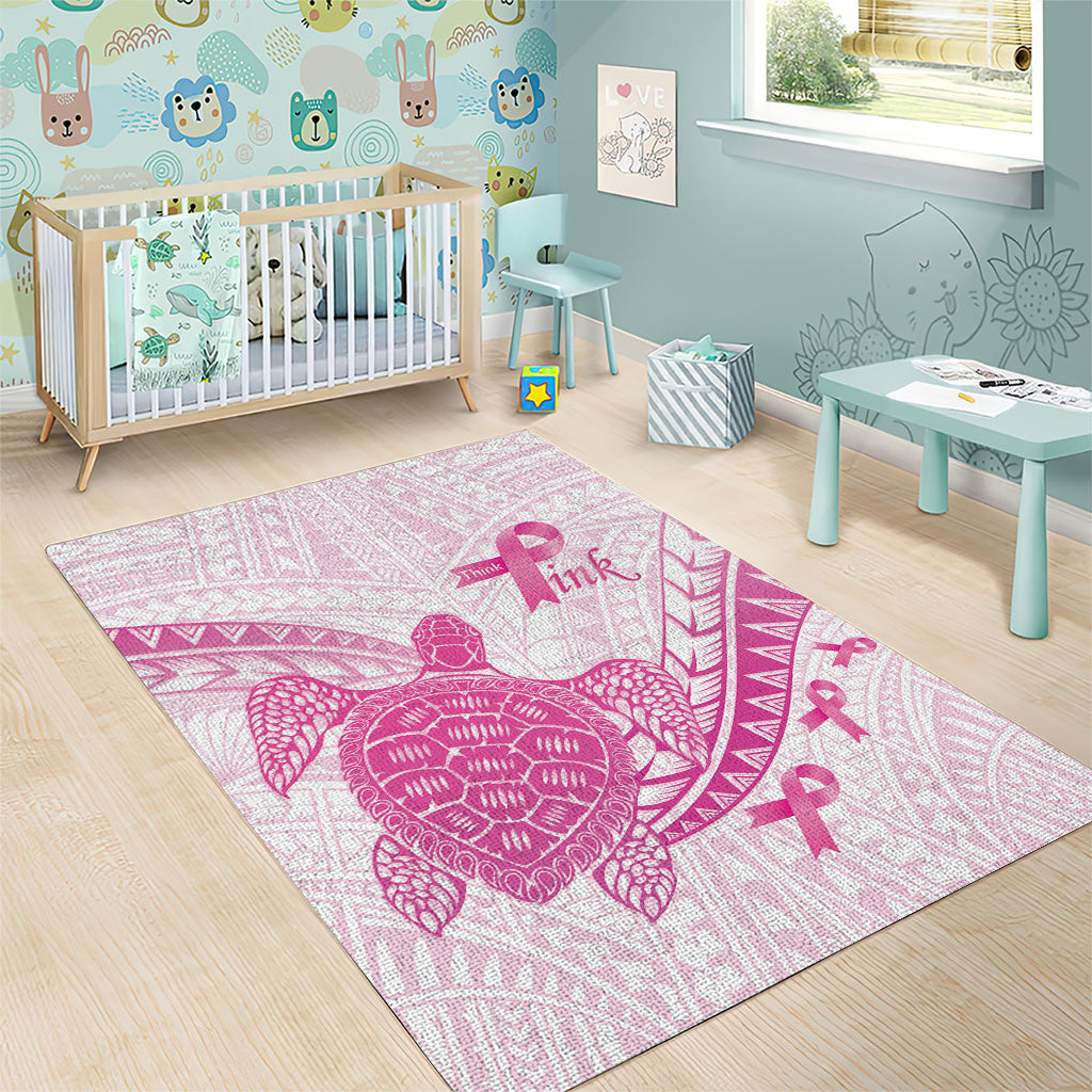 Breast Cancer Awareness Area Rug Pink Ribbon Turtle Polynesian Pattern White