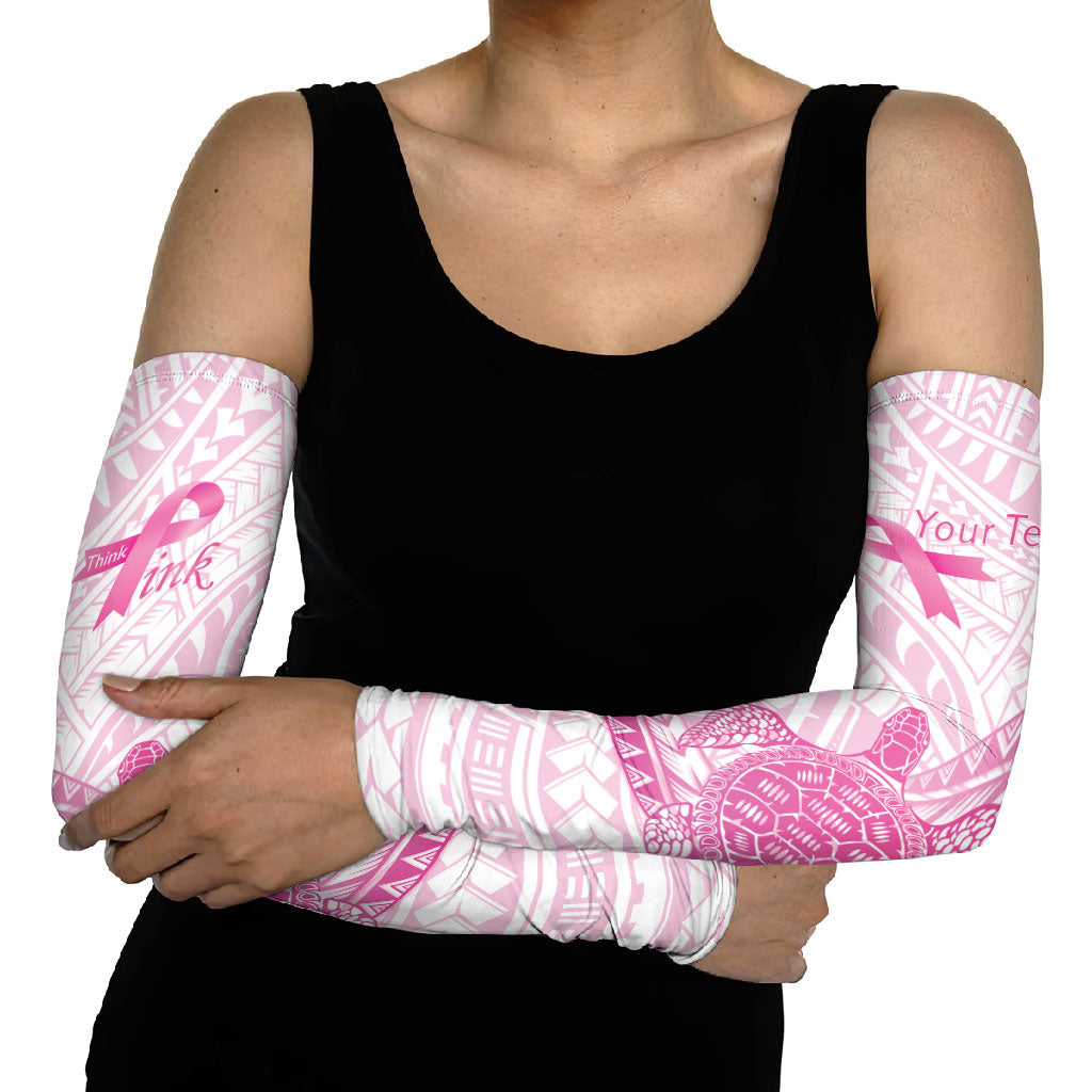 Breast Cancer Awareness Personalised Arm Sleeves Pink Ribbon Turtle Polynesian Pattern White