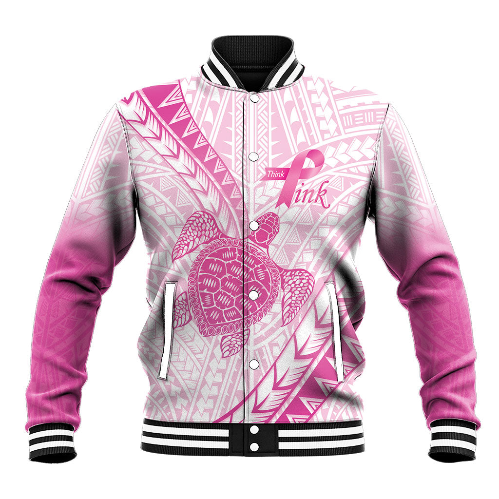 Breast Cancer Awareness Personalised Baseball Jacket Pink Ribbon Turtle Polynesian Pattern White