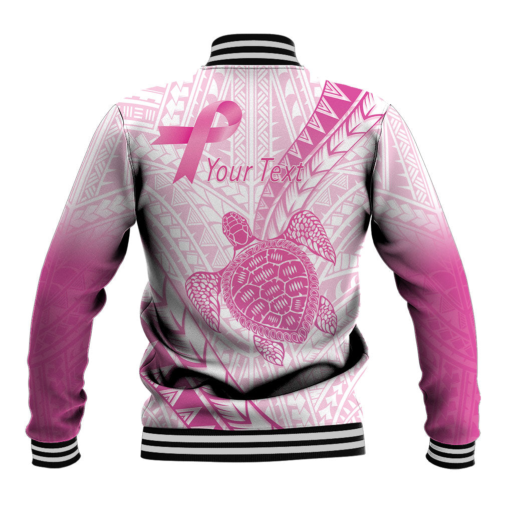 Breast Cancer Awareness Personalised Baseball Jacket Pink Ribbon Turtle Polynesian Pattern White