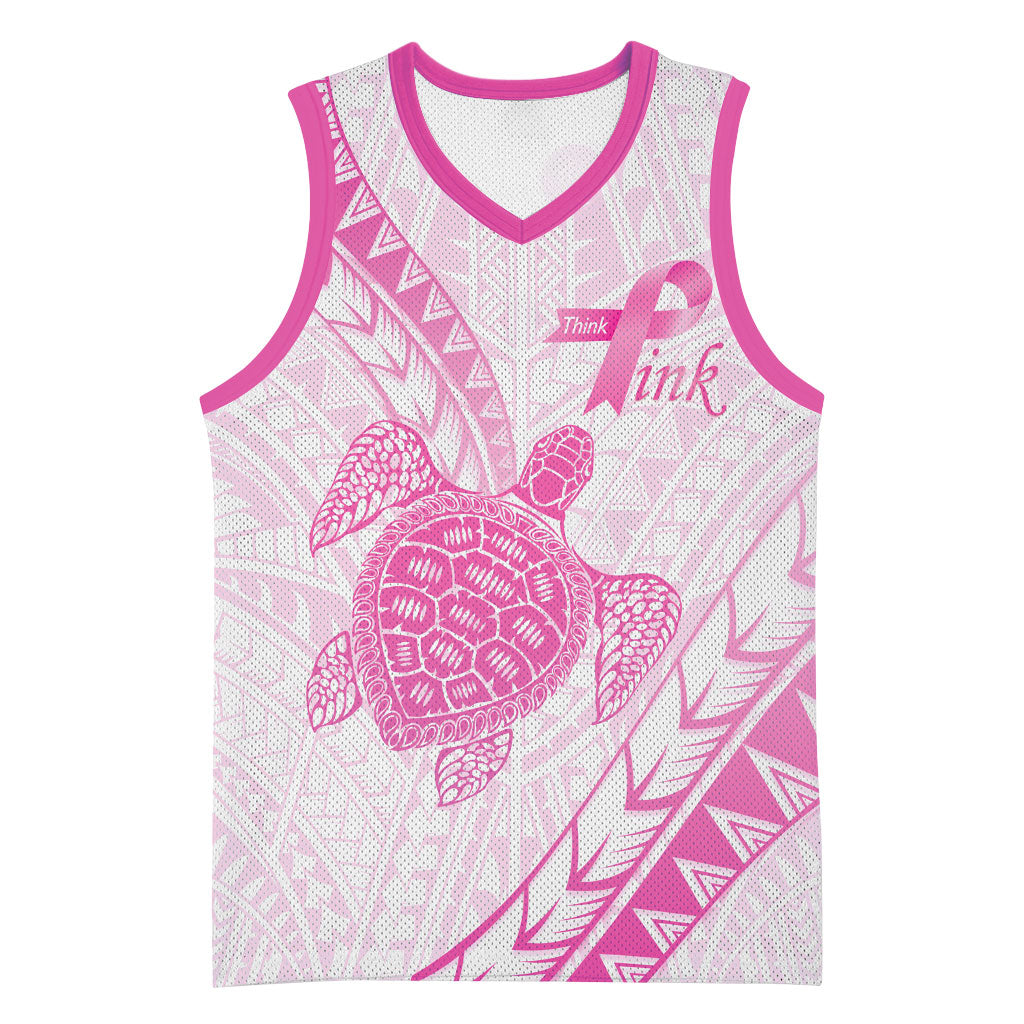 Breast Cancer Awareness Personalised Basketball Jersey Pink Ribbon Turtle Polynesian Pattern White