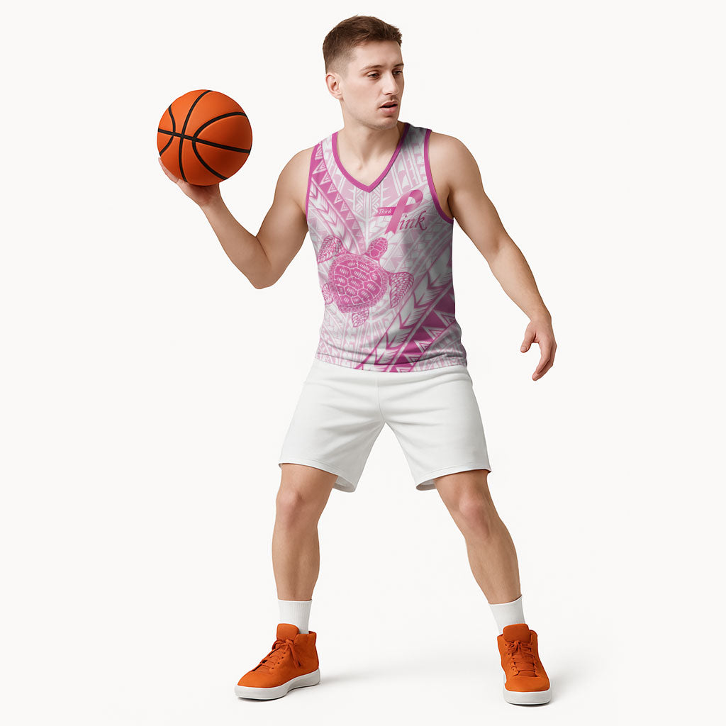 Breast Cancer Awareness Personalised Basketball Jersey Pink Ribbon Turtle Polynesian Pattern White