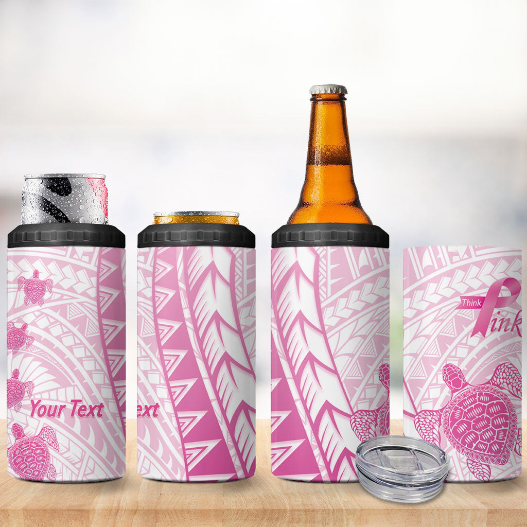 Breast Cancer Awareness Personalised 4 in 1 Can Cooler Tumbler Pink Ribbon Turtle Polynesian Pattern White