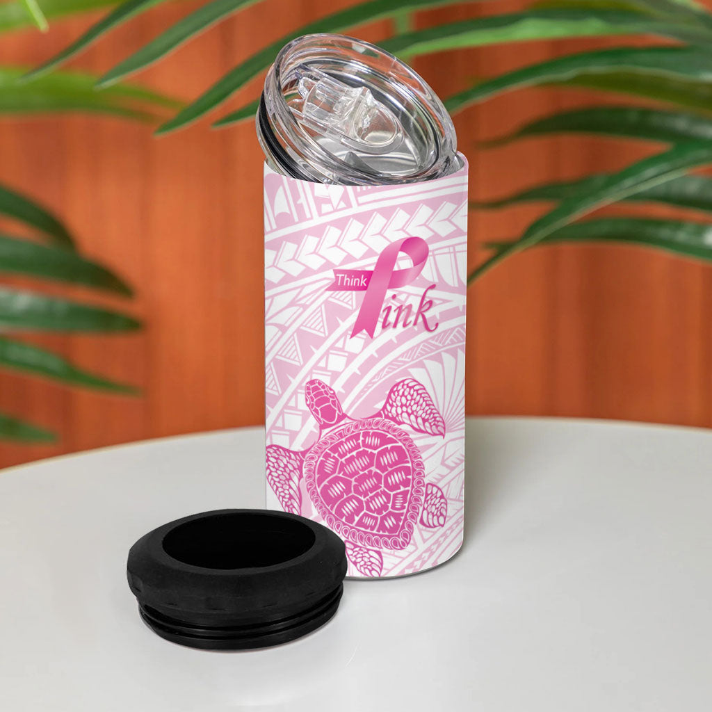 Breast Cancer Awareness Personalised 4 in 1 Can Cooler Tumbler Pink Ribbon Turtle Polynesian Pattern White