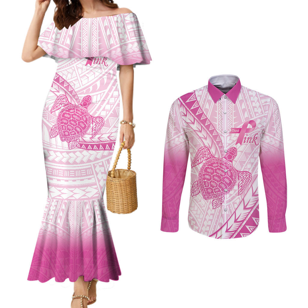 Breast Cancer Awareness Personalised Couples Matching Mermaid Dress and Long Sleeve Button Shirt Pink Ribbon Turtle Polynesian Pattern White