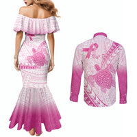 Breast Cancer Awareness Personalised Couples Matching Mermaid Dress and Long Sleeve Button Shirt Pink Ribbon Turtle Polynesian Pattern White