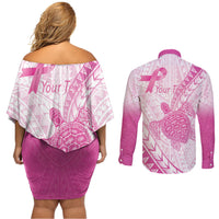 Breast Cancer Awareness Personalised Couples Matching Off Shoulder Short Dress and Long Sleeve Button Shirt Pink Ribbon Turtle Polynesian Pattern White