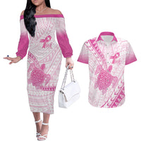 Breast Cancer Awareness Personalised Couples Matching Off The Shoulder Long Sleeve Dress and Hawaiian Shirt Pink Ribbon Turtle Polynesian Pattern White