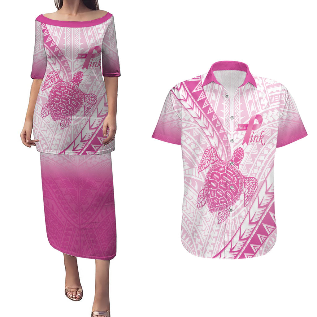 Breast Cancer Awareness Personalised Couples Matching Puletasi and Hawaiian Shirt Pink Ribbon Turtle Polynesian Pattern White