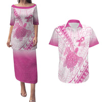 Breast Cancer Awareness Personalised Couples Matching Puletasi and Hawaiian Shirt Pink Ribbon Turtle Polynesian Pattern White