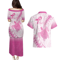 Breast Cancer Awareness Personalised Couples Matching Puletasi and Hawaiian Shirt Pink Ribbon Turtle Polynesian Pattern White