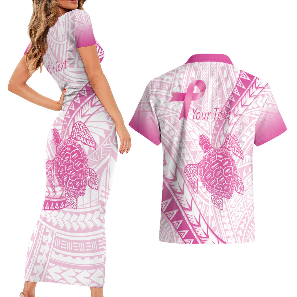 Breast Cancer Awareness Personalised Couples Matching Short Sleeve Bodycon Dress and Hawaiian Shirt Pink Ribbon Turtle Polynesian Pattern White