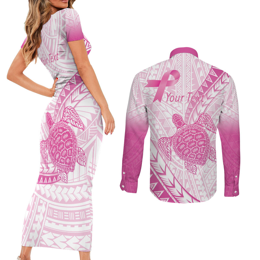 Breast Cancer Awareness Personalised Couples Matching Short Sleeve Bodycon Dress and Long Sleeve Button Shirt Pink Ribbon Turtle Polynesian Pattern White LT22 - Polynesian Pride