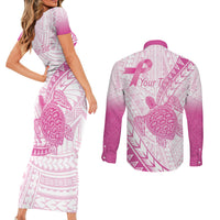 Breast Cancer Awareness Personalised Couples Matching Short Sleeve Bodycon Dress and Long Sleeve Button Shirt Pink Ribbon Turtle Polynesian Pattern White LT22 - Polynesian Pride
