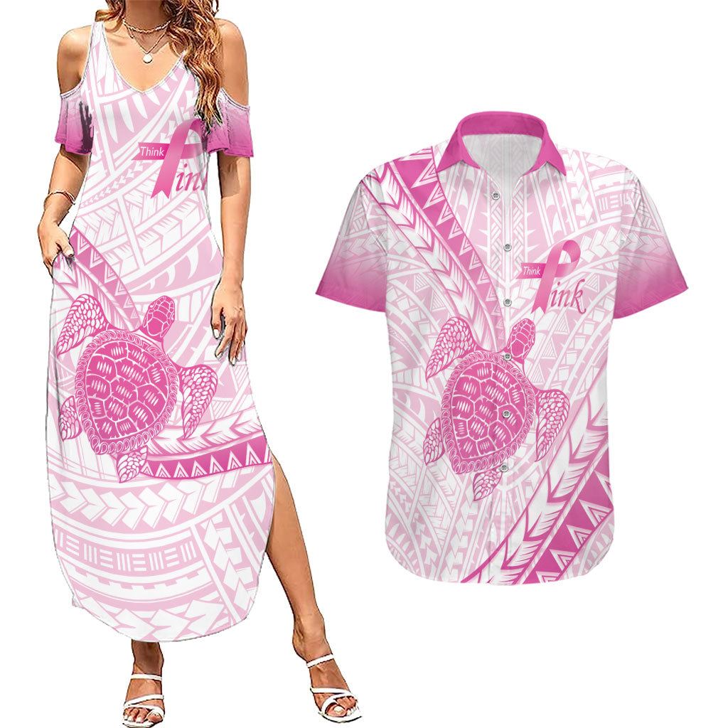 Breast Cancer Awareness Personalised Couples Matching Summer Maxi Dress and Hawaiian Shirt Pink Ribbon Turtle Polynesian Pattern White
