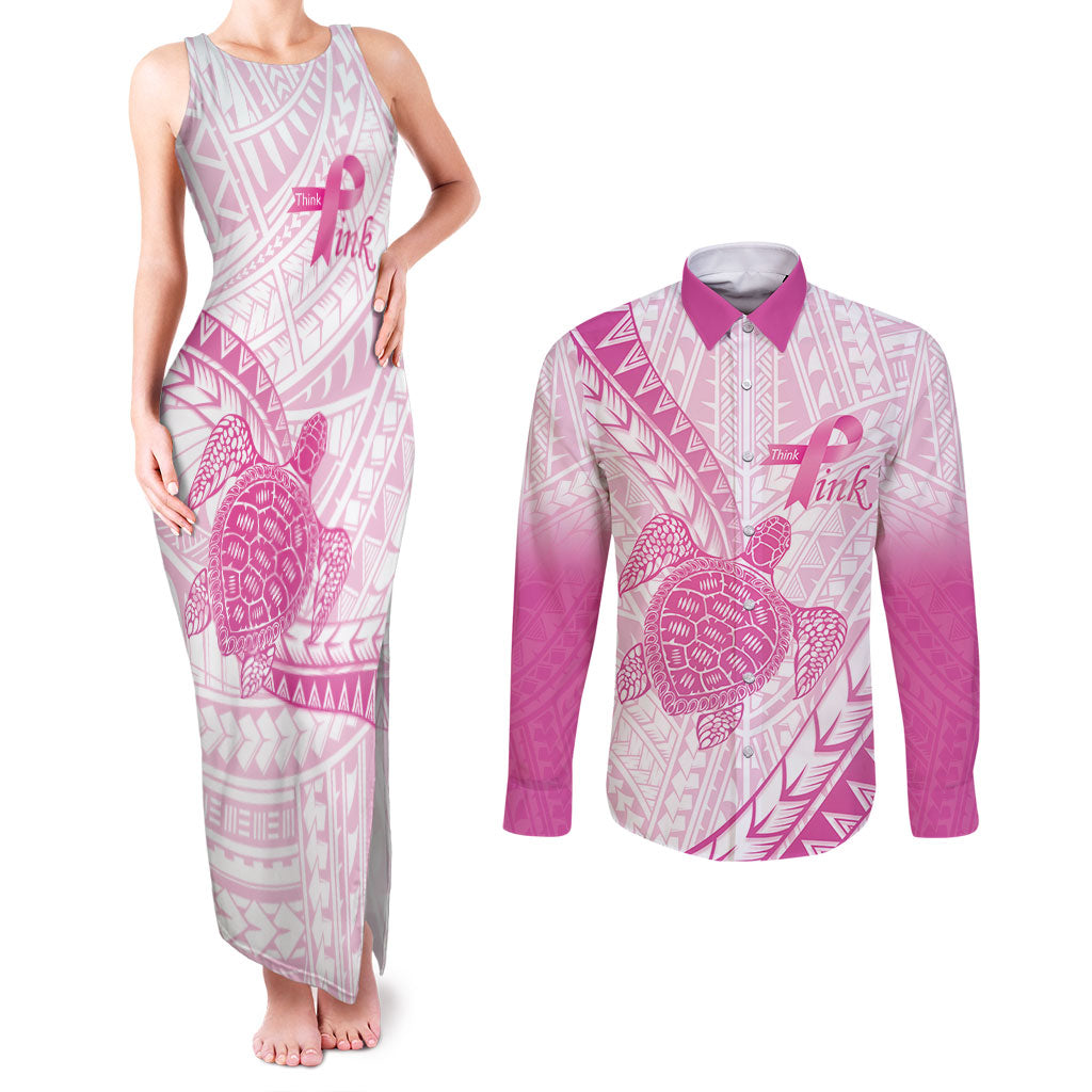 Breast Cancer Awareness Personalised Couples Matching Tank Maxi Dress and Long Sleeve Button Shirt Pink Ribbon Turtle Polynesian Pattern White