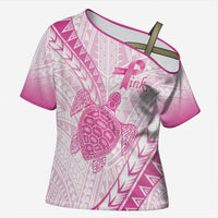 Breast Cancer Awareness Personalised Cross Shoulder Shirt Pink Ribbon Turtle Polynesian Pattern White