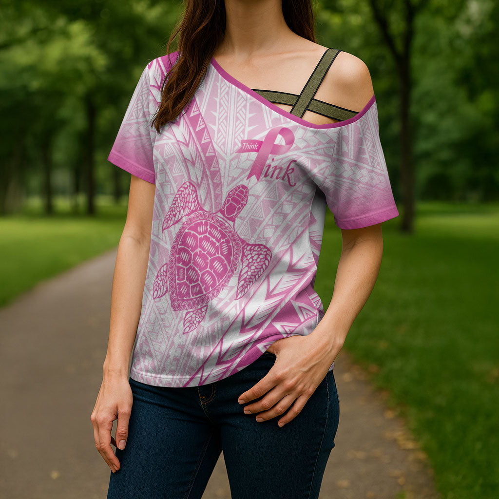 Breast Cancer Awareness Personalised Cross Shoulder Shirt Pink Ribbon Turtle Polynesian Pattern White