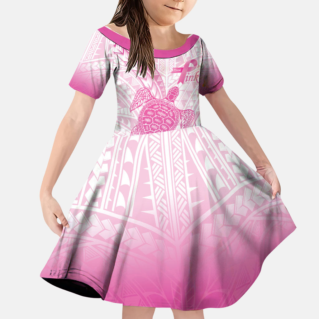 Breast Cancer Awareness Personalised Family Matching Long Sleeve Bodycon Dress and Hawaiian Shirt Pink Ribbon Turtle Polynesian Pattern White LT22 Daughter's Dress Pink - Polynesian Pride