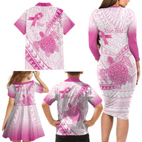 Breast Cancer Awareness Personalised Family Matching Long Sleeve Bodycon Dress and Hawaiian Shirt Pink Ribbon Turtle Polynesian Pattern White LT22 - Polynesian Pride