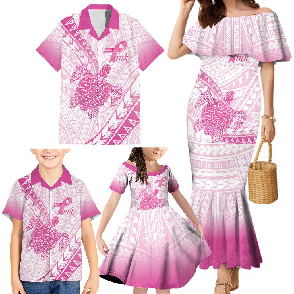 Breast Cancer Awareness Personalised Family Matching Mermaid Dress and Hawaiian Shirt Pink Ribbon Turtle Polynesian Pattern White LT22 - Polynesian Pride