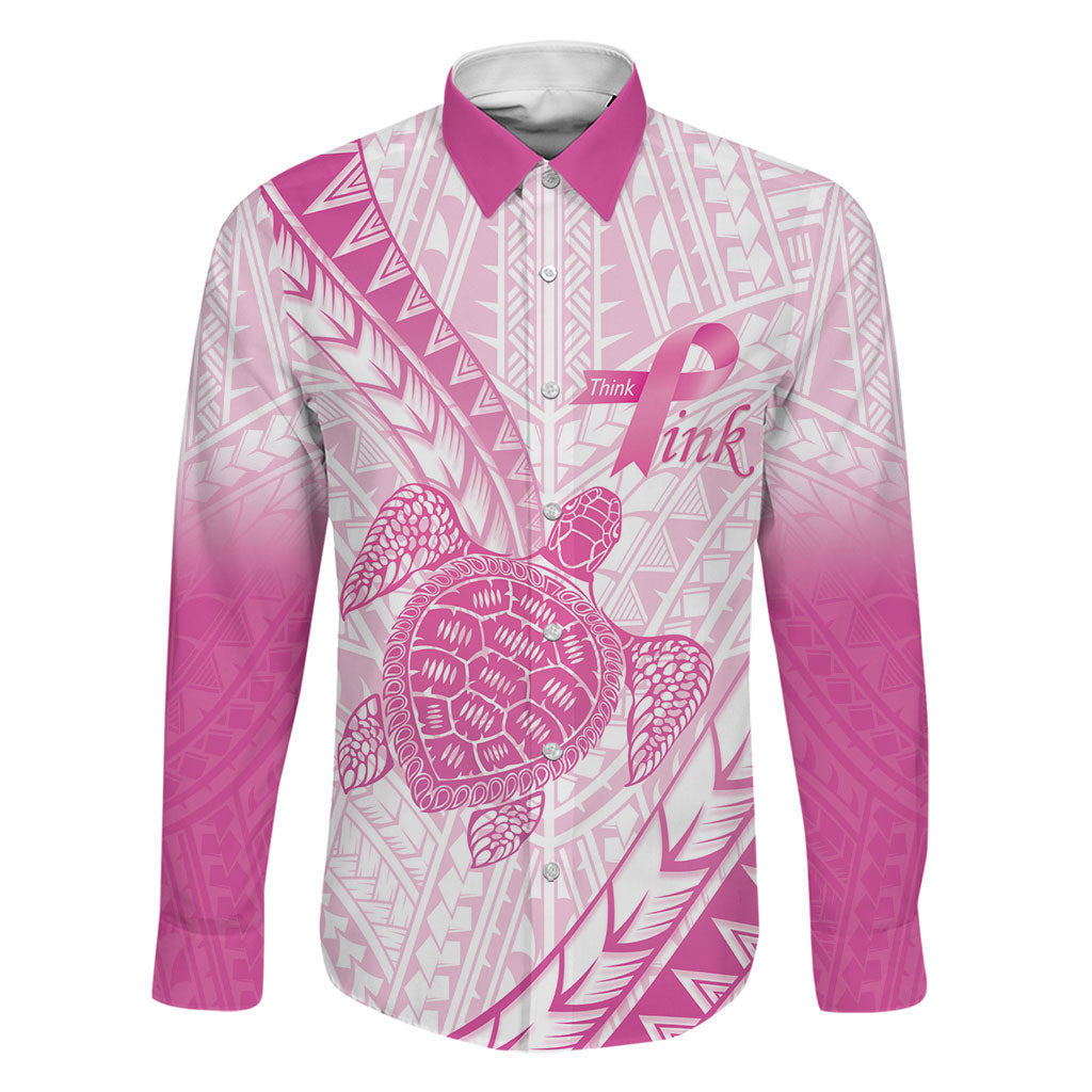 Breast Cancer Awareness Personalised Family Matching Off The Shoulder Long Sleeve Dress and Hawaiian Shirt Pink Ribbon Turtle Polynesian Pattern White LT22 Dad's Shirt - Long Sleeve Pink - Polynesian Pride
