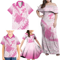 Breast Cancer Awareness Personalised Family Matching Off Shoulder Maxi Dress and Hawaiian Shirt Pink Ribbon Turtle Polynesian Pattern White