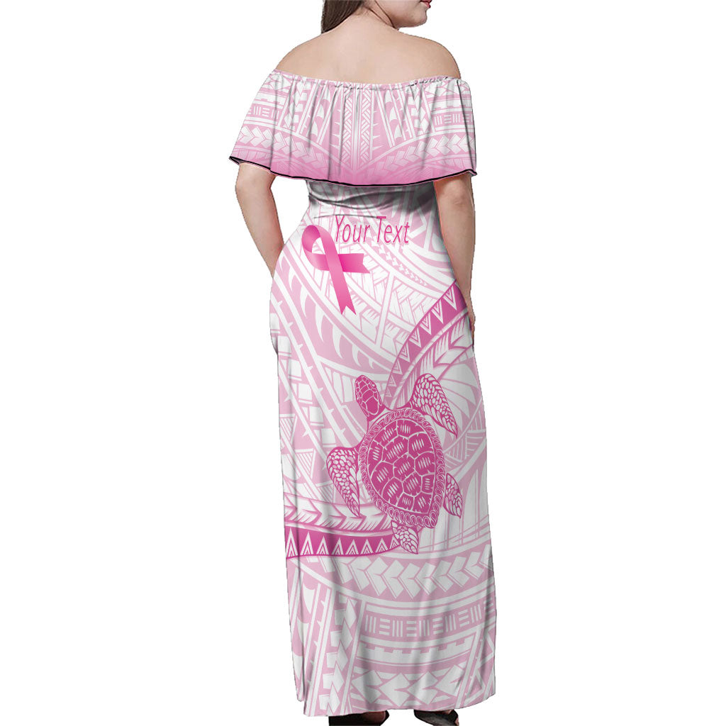 Breast Cancer Awareness Personalised Family Matching Off Shoulder Maxi Dress and Hawaiian Shirt Pink Ribbon Turtle Polynesian Pattern White