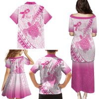 Breast Cancer Awareness Personalised Family Matching Puletasi and Hawaiian Shirt Pink Ribbon Turtle Polynesian Pattern White