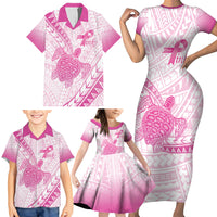 Breast Cancer Awareness Personalised Family Matching Short Sleeve Bodycon Dress and Hawaiian Shirt Pink Ribbon Turtle Polynesian Pattern White LT22 - Polynesian Pride