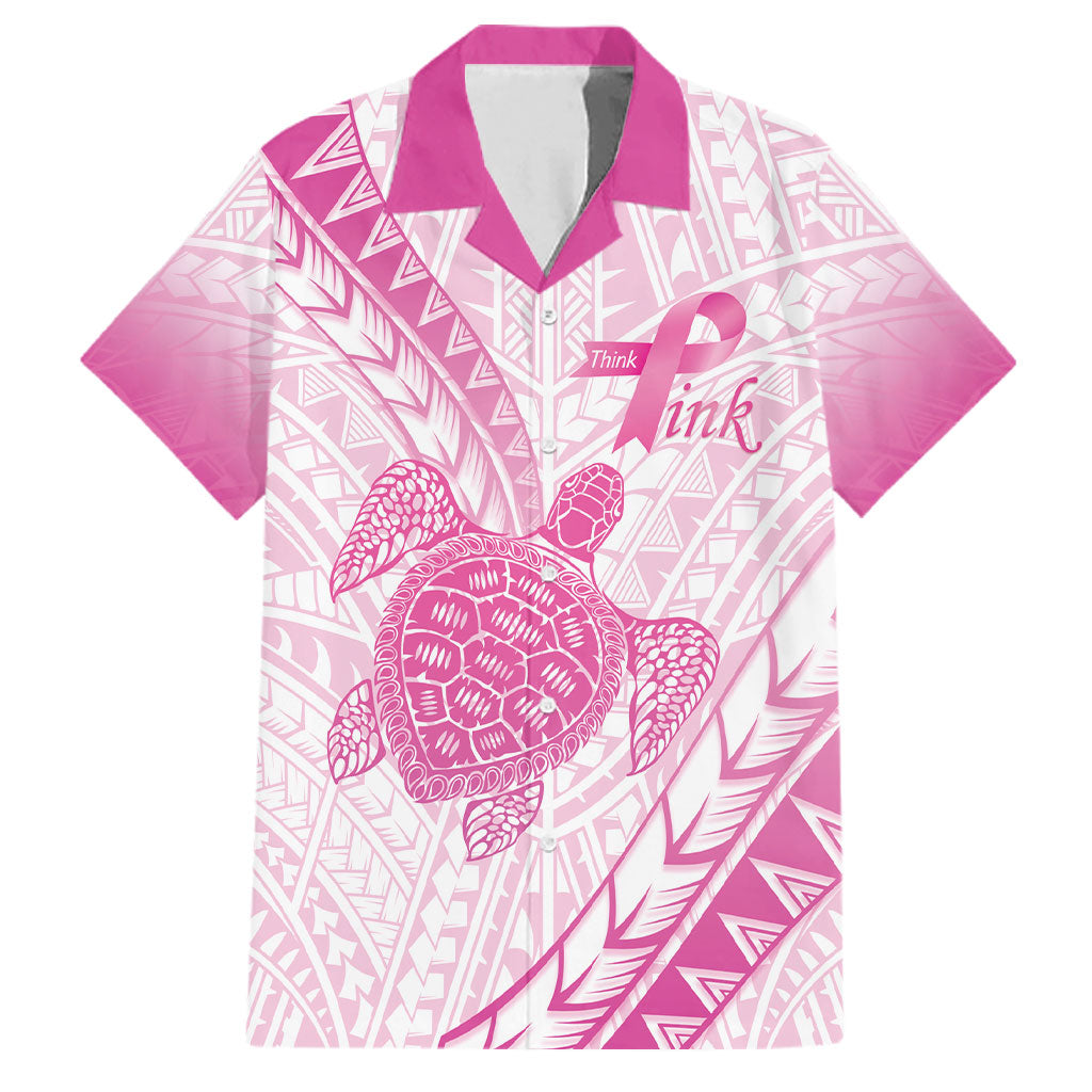 Breast Cancer Awareness Personalised Family Matching Short Sleeve Bodycon Dress and Hawaiian Shirt Pink Ribbon Turtle Polynesian Pattern White LT22 Dad's Shirt - Short Sleeve Pink - Polynesian Pride