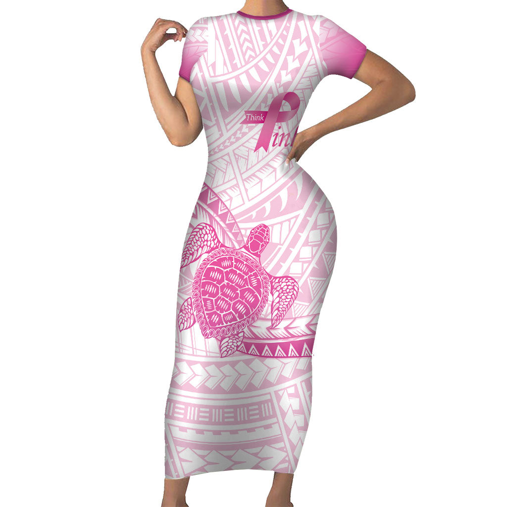 Breast Cancer Awareness Personalised Family Matching Short Sleeve Bodycon Dress and Hawaiian Shirt Pink Ribbon Turtle Polynesian Pattern White LT22 Mom's Dress Pink - Polynesian Pride