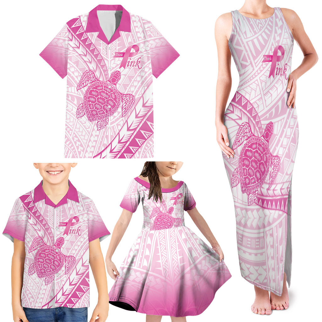 Breast Cancer Awareness Personalised Family Matching Tank Maxi Dress and Hawaiian Shirt Pink Ribbon Turtle Polynesian Pattern White LT22 - Polynesian Pride