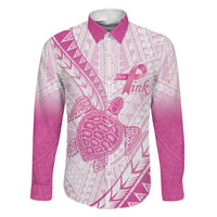 Breast Cancer Awareness Personalised Family Matching Tank Maxi Dress and Hawaiian Shirt Pink Ribbon Turtle Polynesian Pattern White LT22 Dad's Shirt - Long Sleeve Pink - Polynesian Pride