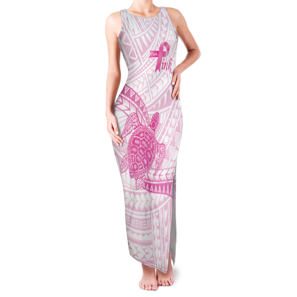 Breast Cancer Awareness Personalised Family Matching Tank Maxi Dress and Hawaiian Shirt Pink Ribbon Turtle Polynesian Pattern White LT22 Mom's Dress Pink - Polynesian Pride
