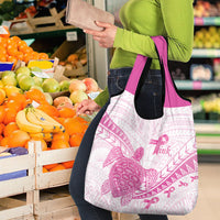 Breast Cancer Awareness Grocery Bag Pink Ribbon Turtle Polynesian Pattern White
