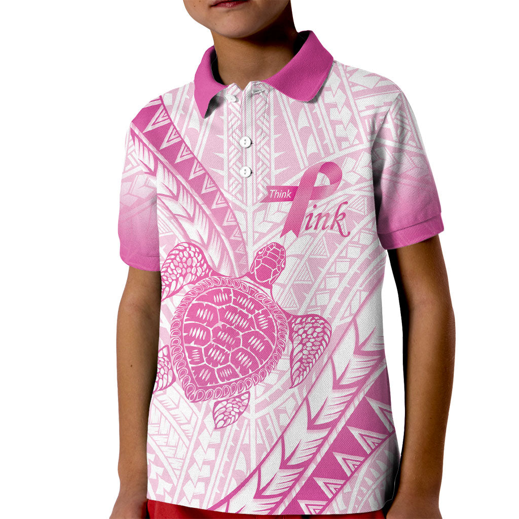 Breast Cancer Awareness Personalised Kid Polo Shirt Pink Ribbon Turtle Polynesian Pattern White