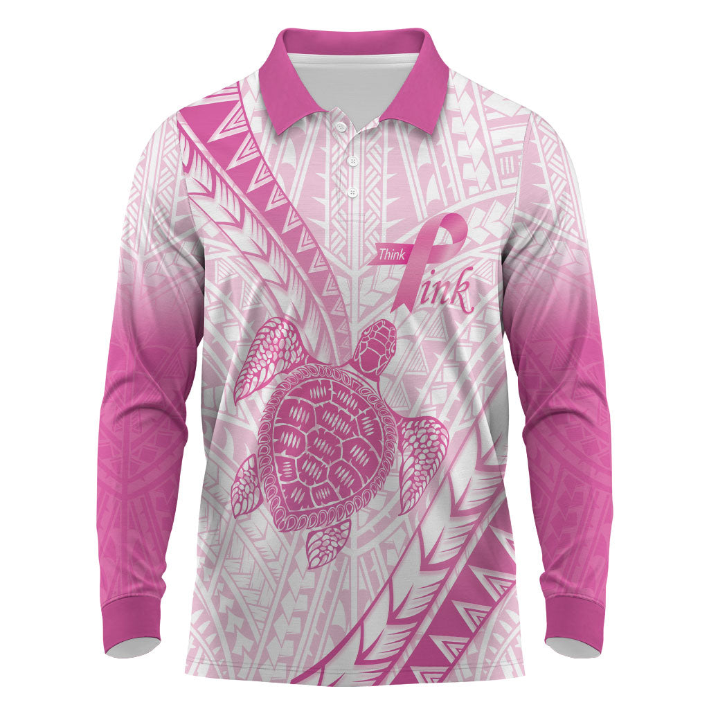 Breast Cancer Awareness Personalised Long Sleeve Polo Shirt Pink Ribbon Turtle Polynesian Pattern White