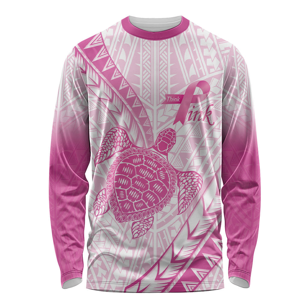 Breast Cancer Awareness Personalised Long Sleeve Shirt Pink Ribbon Turtle Polynesian Pattern White