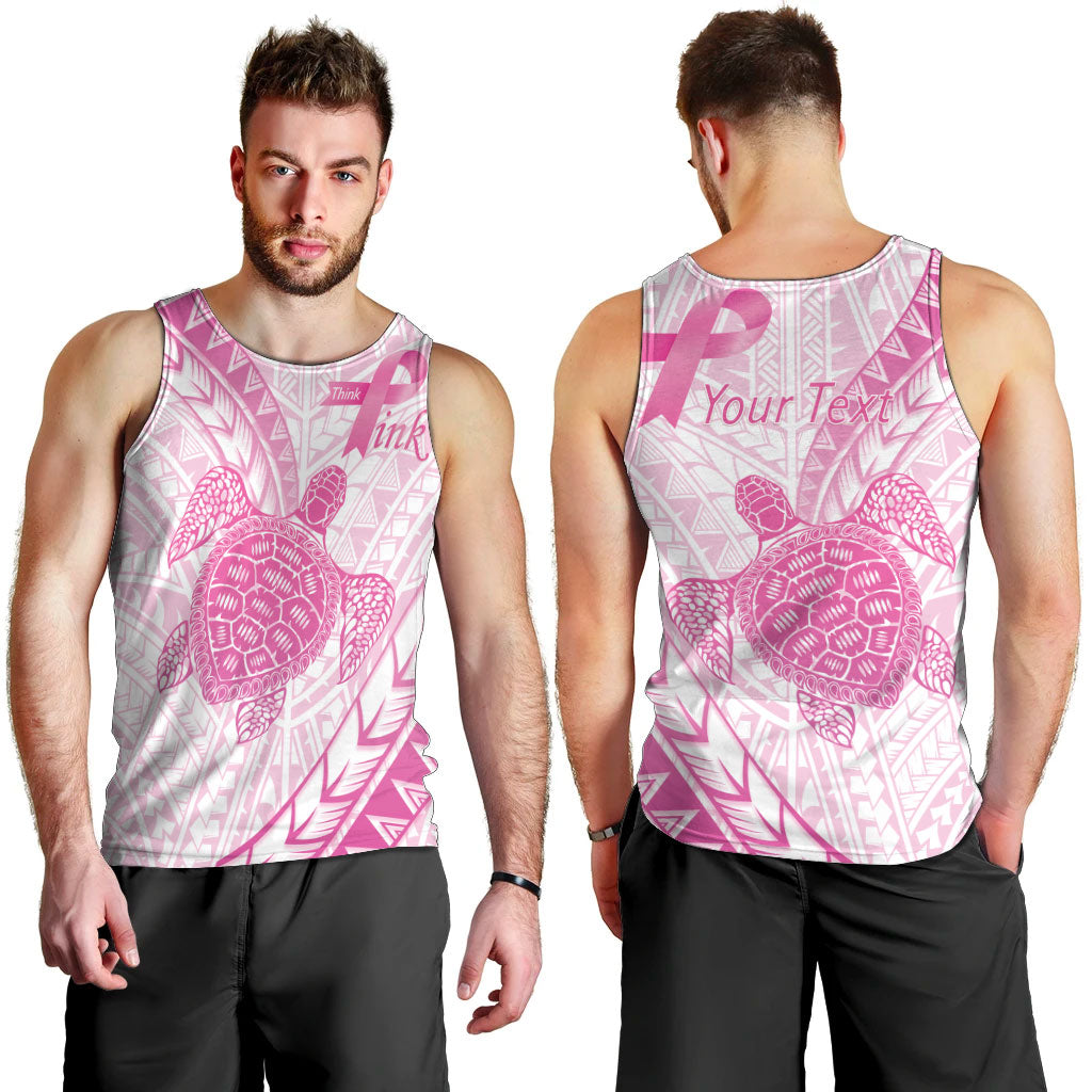 Breast Cancer Awareness Personalised Men Tank Top Pink Ribbon Turtle Polynesian Pattern White